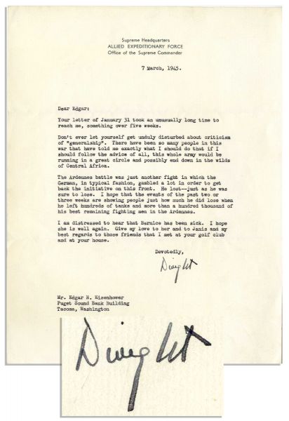 Dwight Eisenhower WWII Letter Signed on Battle of the Bulge -- ''...the German, in typical fashion, gambled...to get back the initiative on this front. He lost -- just as he was sure to lose...''