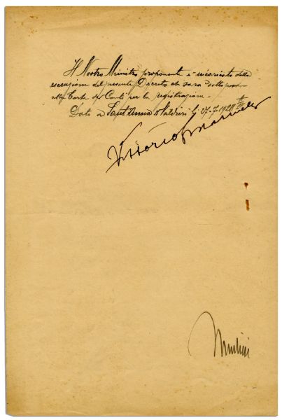 1928 Document Signed by Benito Mussolini & Vittorio Emanuele III -- Measures 9.5'' x 14.5''