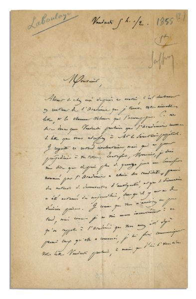 Mastermind Behind The Statue of Liberty Edouard Laboulaye Autograph Letter Signed -- Rare
