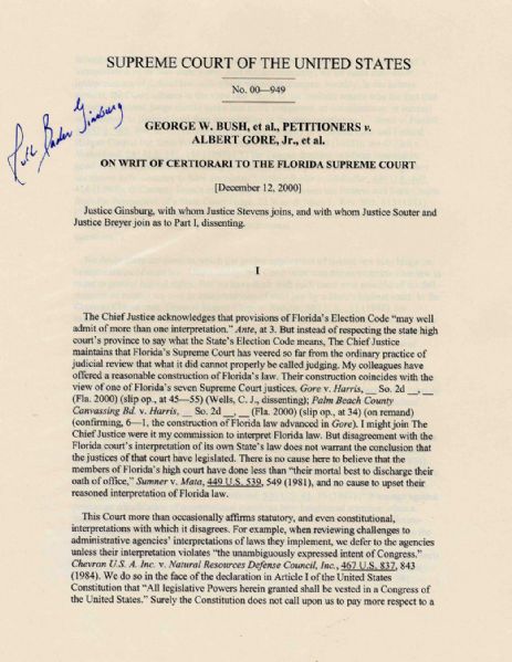 Supreme Court Justice Ruth Bader Ginsburg Signed Bush vs. Gore Election 2000 Decision