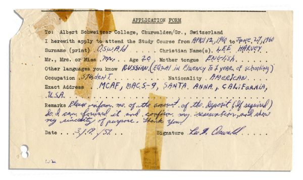 Lee Harvey Oswald Signed Application to Albert Schweitzer College in 1959 -- Upon Acceptance to the Swiss College, He at Age 20, Defected to the U.S.S.R.
