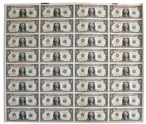 Uncut Sheet of 32 $1 Federal reserve Error Notes -- Series 2003-A, Chicago -- Near Fine