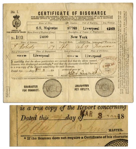 White Star Certificate of Discharge Signed by Captain Edward J. Smith, Who Went on to Captain The Titanic -- Very Scarce