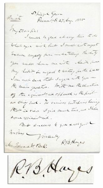 Rutherford B. Hayes Handwritten Letter -- ''...the elevation of the ignorant and offensive is the first and chief end...''