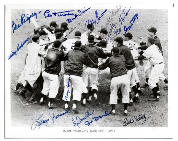 Signed 10'' x 8'' 1951 ''Shot Heard 'Round the World'' Photo -- 15 Giants Autographs Include Bobby Thomson, Willie Mays, Monte Irvin and More