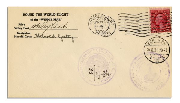 Wiley Post & Harold Gatty Signed Postal Cover -- Commemorating First Round the World Flight -- With PSA/DNA COA