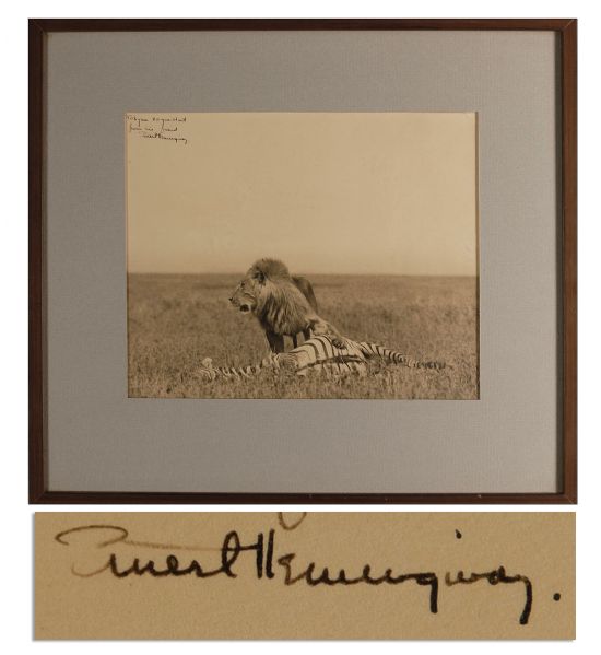 Three Stories Ten Poems Amazing Ernest Hemingway Signed Photograph of a Lion and Its Hunt While on Safari -- Large Photograph Measures 11'' x 9''