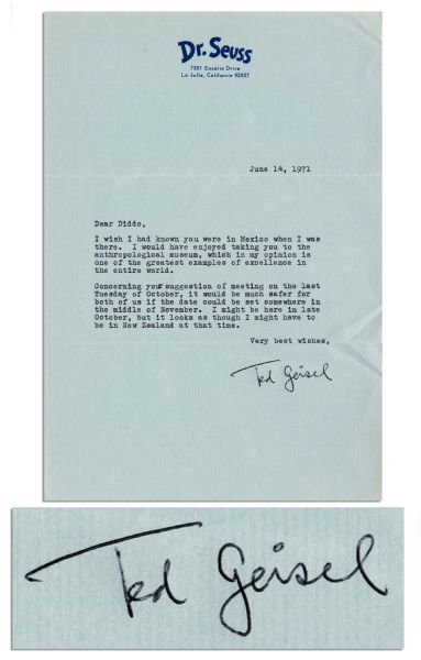 Dr. Seuss Letter Signed -- ''...I would have enjoyed taking you to the anthropological museum, which in my opinion is one of the greatest examples of excellence in the entire world...'' -- 1971