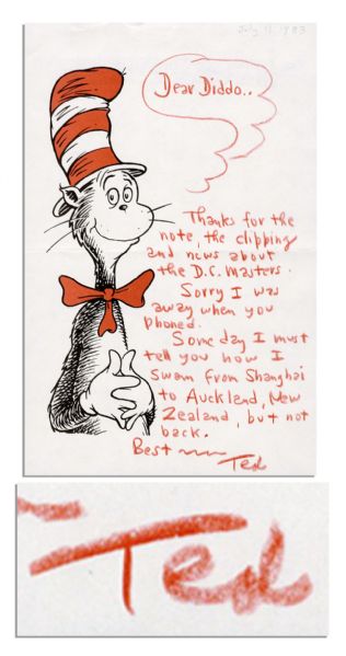 Dr. Seuss Autograph Letter Signed on ''Cat in the Hat'' Stationery -- ''...I must tell you how I swam from Shanghai to Auckland, New Zealand, but not back...''
