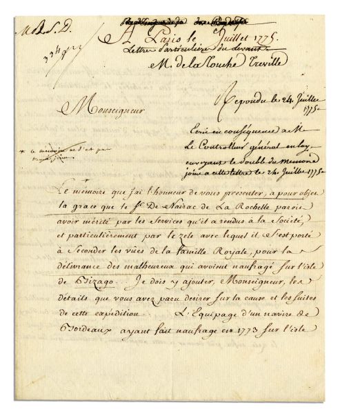 French Admiral Latouche Treville Letter -- ''...The crew of the ship Tordeaux wrecked in 1773 on the island of Tizago, where they had found the most awful captivity...''