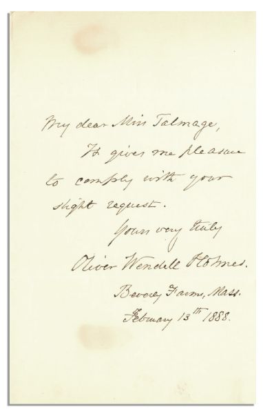 Oliver Wendell Holmes Autograph Letter Signed -- 1888