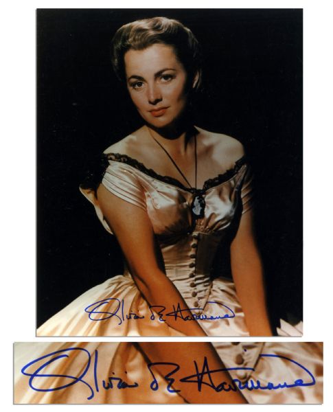 ''Gone With The Wind'' Star ''Olivia de Havilland'' Signs Across Her Satin Dress in Blue Ink -- Glossy 8'' x 9.75'' Photo -- Fine