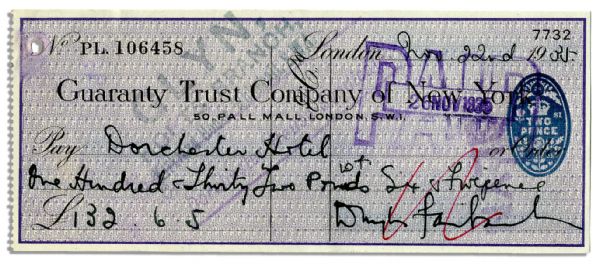 Douglas Fairbanks Signed Check to The Dorchester Hotel in London -- 1935
