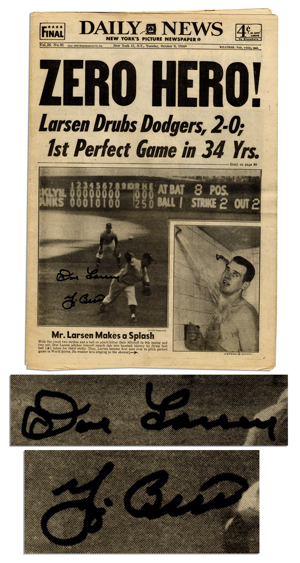 Lot Detail Yogi Berra And Don Larsen Signed Newspaper Of Larsen S Perfect World Series 1956 Game Zero Hero