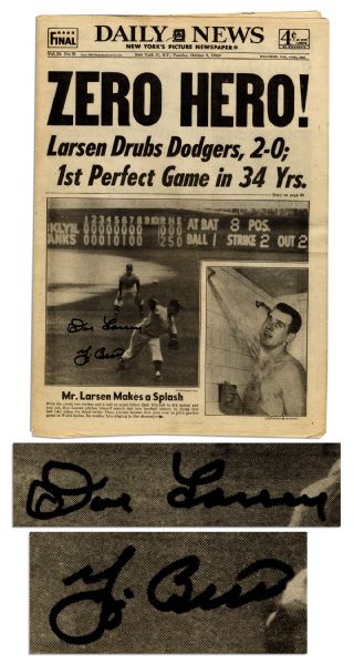 Yogi Berra and Don Larsen Signed Newspaper of Larsen's Perfect World Series 1956 Game -- ''Zero Hero!''