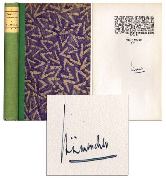 Signed First Edition of ''Notes on Democracy'' by Satirist  H.L. Mencken