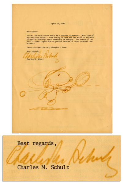 Charles Schulz Sketch of Snoopy Playing Tennis -- Hand Drawn on a Schulz' Typed Letter Signed Regarding His Own Tennis Game -- 1980 