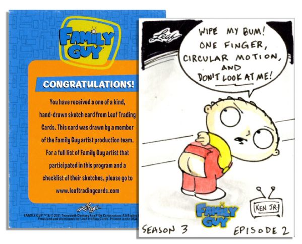 Family Guy Card -- Signed Original Hand Drawn Sketch of Stewie Griffin by the Show's Animator Ken Hayashi, Jr. -- 2011 Leaf Trading Cards COA Printed to Verso -- 2.5 x 3.5 -- Near Fine