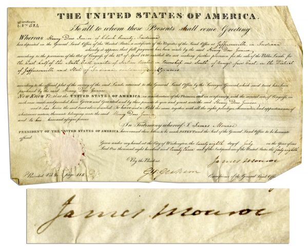 James Monroe Signs a Vellum Land Grant Document as President -- 1823