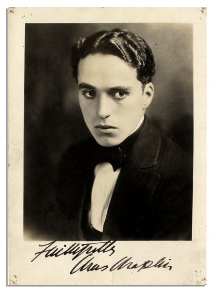 Signed Photo of a Serious Young Charlie Chaplin -- ''Faithfully, Chas Chaplin'' -- 5'' x 7'' Matte -- Toning, Pinholes to Corners & Edge Wear -- Very Good 