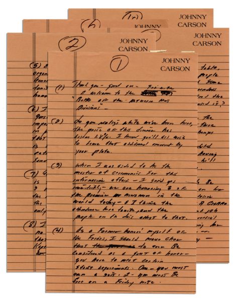 Johnny Carson Handwritten Monologue -- 11 Pages of Jokes & Commentary Written by Carson for a 1978 Hosting Event