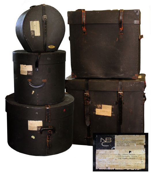 Johnny Carson Five-Piece Drum Set Cases -- Personally Owned by Carson -- With Address Labels from NBC in New York Affixed to Carson at his Address in Las Vegas