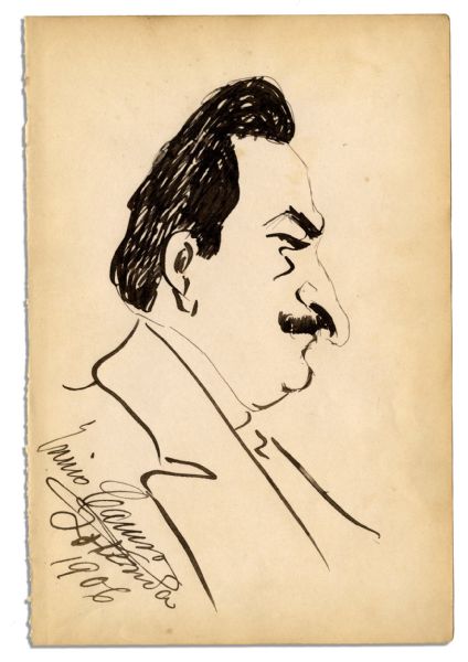Opera Star Enrico Caruso Sketch of Himself in Profile Signed