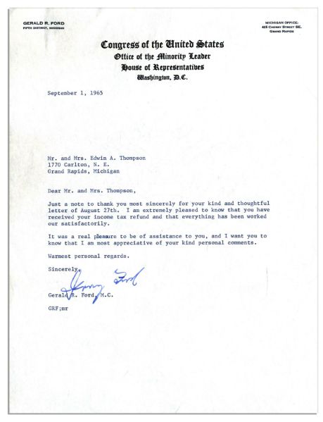 Gerald Ford 1965 Typed Letter Signed as House Minority Leader