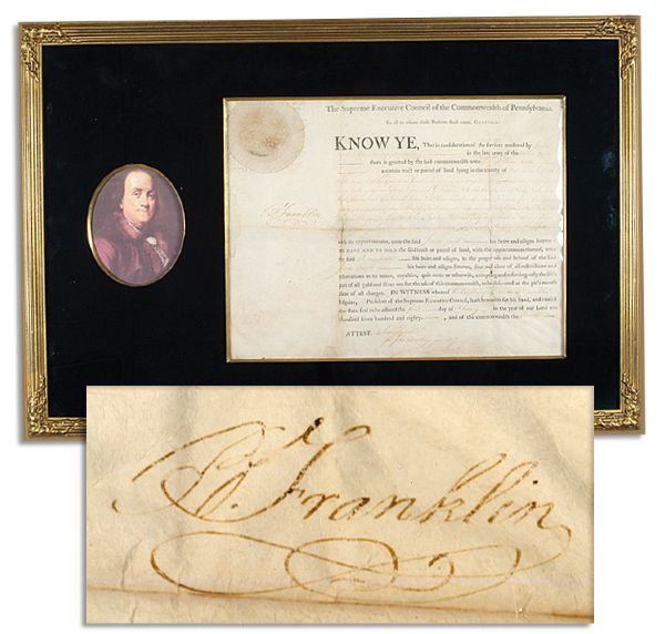 Benjamin Franklin Pennsylvania Land Grant Signed as President of Pennsylvania