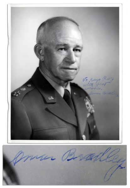 General Omar Bradley Signed 8'' x 10'' Glossy Army Photo -- 1957 -- ''To Kayo Roy / With best wishes / Omar Bradley'' -- Near Fine