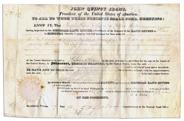 President John Quincy Adams Document Signed -- 1828 Missouri Land Grant