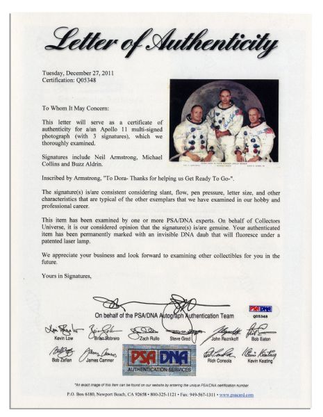 Apollo 11 Crew-Signed 10'' x 8'' Photo -- Neil Armstrong: ''Thanks for helping us get ready to go'' -- With PSA/DNA COA