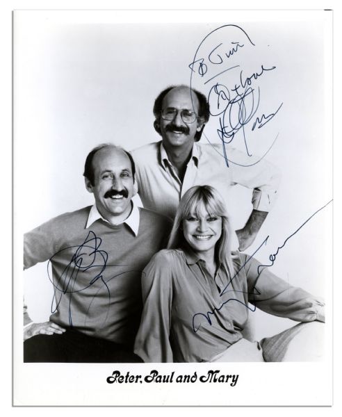Peter, Paul and Mary 8'' x 10'' Signed Glossy Photo -- 1960's Folk Singing Trio Signs: ''To Tim, Love, Peter Yarrow'', ''Noel Stookey'' and ''Mary Travers'' -- Fine