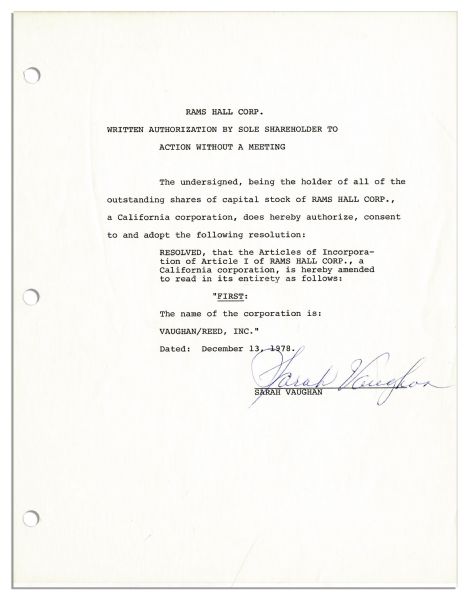 Legendary Jazz Singer Sarah Vaughan Contracts Signed
