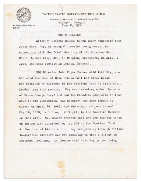 Teletype on James Earl Ray's Capture and FBI Press Release Photocopy -- ''...He was arrested 7:15 A.M. EDT in London...''
