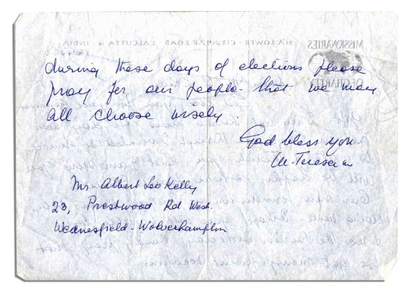 Exceptionally Rare Autograph Letter Signed by Mother Teresa -- Humanitarian Requests Prayers for Upcoming 1971 Indian Elections -- With PSA/DNA COA