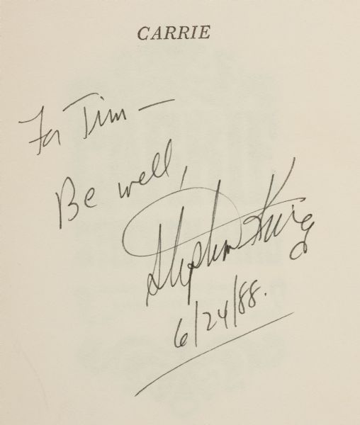 Signed Copy of Stephen King's First Novel, ''Carrie'' -- First Edition, First Printing in Near Fine Condition