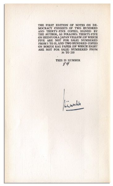 Signed First Edition of ''Notes on Democracy'' by Satirist  H.L. Mencken