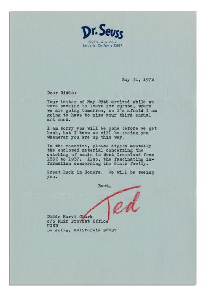 Dr. Seuss Handwritten Letter Signed -- ''...I'm at present, involved in the enclosed Grolexus, which is whirlzing me fithither...''