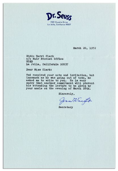 Dr. Seuss Handwritten Letter Signed -- ''...I'm at present, involved in the enclosed Grolexus, which is whirlzing me fithither...''