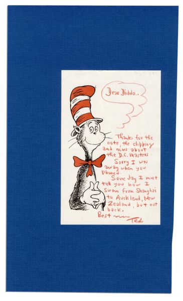 Dr. Seuss Autograph Letter Signed on ''Cat in the Hat'' Stationery -- ''...I must tell you how I swam from Shanghai to Auckland, New Zealand, but not back...''