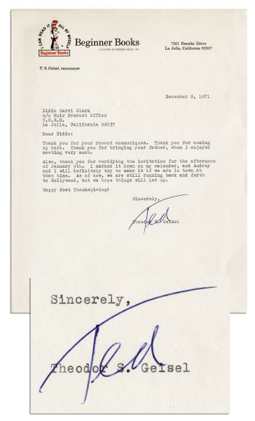 Dr. Seuss Letter Signed -- ''...we are still running back and forth to Hollywood, but we hope things will let up...''