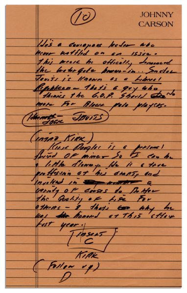 Johnny Carson Handwritten Monologue -- 11 Pages of Jokes & Commentary Written by Carson for a 1978 Hosting Event