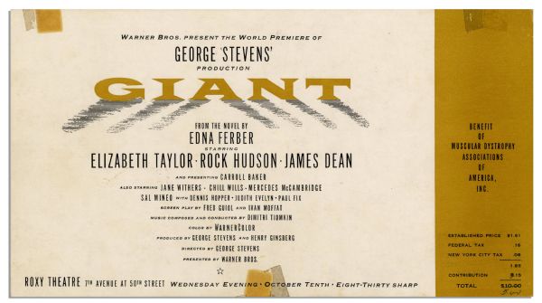 Scarce Ticket to ''Giant'' Premiere -- James Dean's Last Film -- With Liz Taylor, Rock Hudson