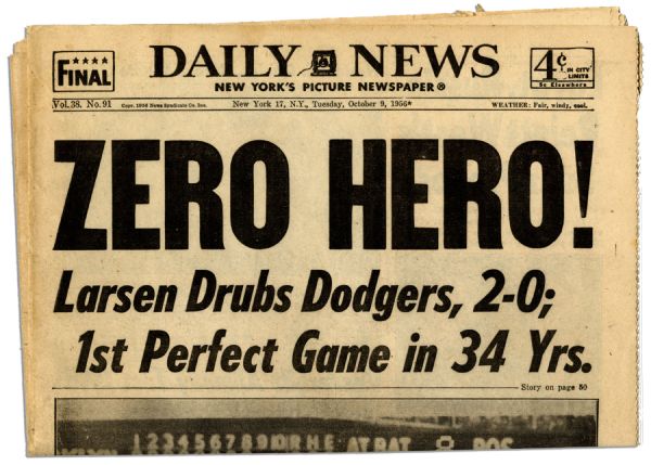 Yogi Berra and Don Larsen Signed Newspaper of Larsen's Perfect World Series 1956 Game -- ''Zero Hero!''
