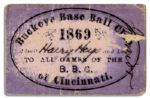 Scarce 1869 Pass to Watch the First Baseball Team in American History -- ''Buckeye Base Ball Club of Cincinnati''
