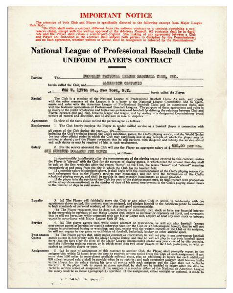 1944 Brooklyn Dodgers Player's Contract Signed by Branch Rickey & Al Campanis -- Pre-certified by JSA