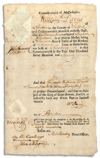 John Hancock 1780 Naval Document Signed as Governor of Massachusetts