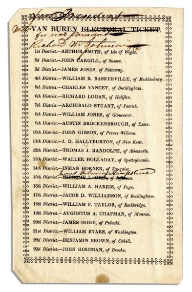 1836 Virginia Elector Ticket -- Martin Van Buren for President and Richard Johnson for Vice President -- Johnson's Candidacy Was Controversial as He Had Lived With an African-American Woman