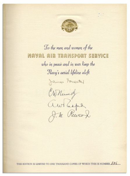 Admirals Nimitz and Forrestal Signed Limited Edition of ''Operation Lifeline: History and Development of the Naval Air Transport Service'' -- 1947